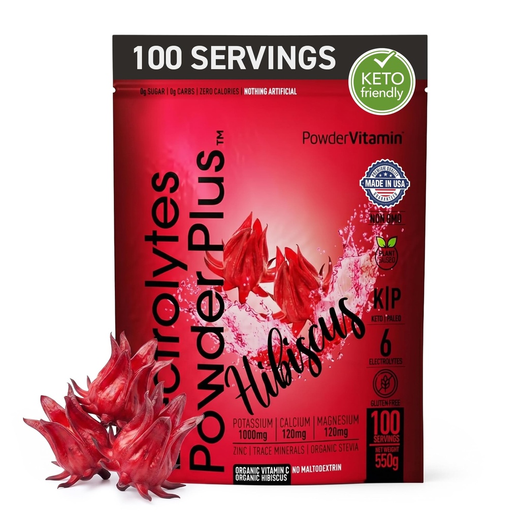 PowderVitamin Electrolytes Powder Plus (100 Servings) Hibiscus Elektrolüüt Pulber Nullkalor Keto,0 Suhkur, Ei Maltodekstriin,1000mg Kaalium,120mg Kaltsium,120mg Magneesium, Hüdratsioonipulber