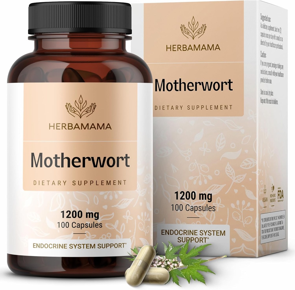 HERBAMAMA Motherwort kapslid - looduslikud menopausilisandid * naistele - 1200mg Emakakaela maitsetaime pulber naiste meeleolu ja rahu toetuseks - Vegan, mitte-GMO - 50-päevane pakkumine