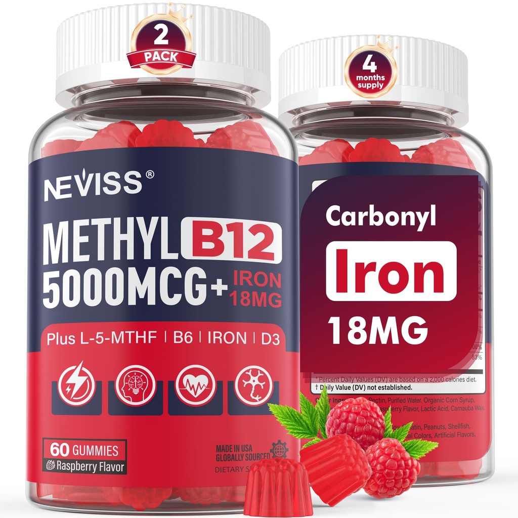 NEVISS Methyl B12 Vitamiinid 5000 mcg Gummies + Raud 18 mg naistele - Active Methylcobalamin Methylated B12 Vitamiin Supplement w / L-MethylFolate, B6 (P5P) & D3 Energy & Focus Support, 120 Servings