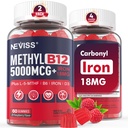 NEVISS Methyl B12 Vitamiinid 5000 mcg Gummies + Raud 18 mg naistele - Active Methylcobalamin Methylated B12 Vitamiin Supplement w / L-MethylFolate, B6 (P5P) & D3 Energy & Focus Support, 120 Servings