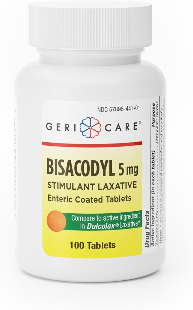 GeriCare Bisacodyl 5 mg lahtistav kaetud tablett | Üldine Dulcolax | Stimulantne lahtistav | Õrn üleöö Kõhukinnisus Relief 100 Arv ( 1 pakk )