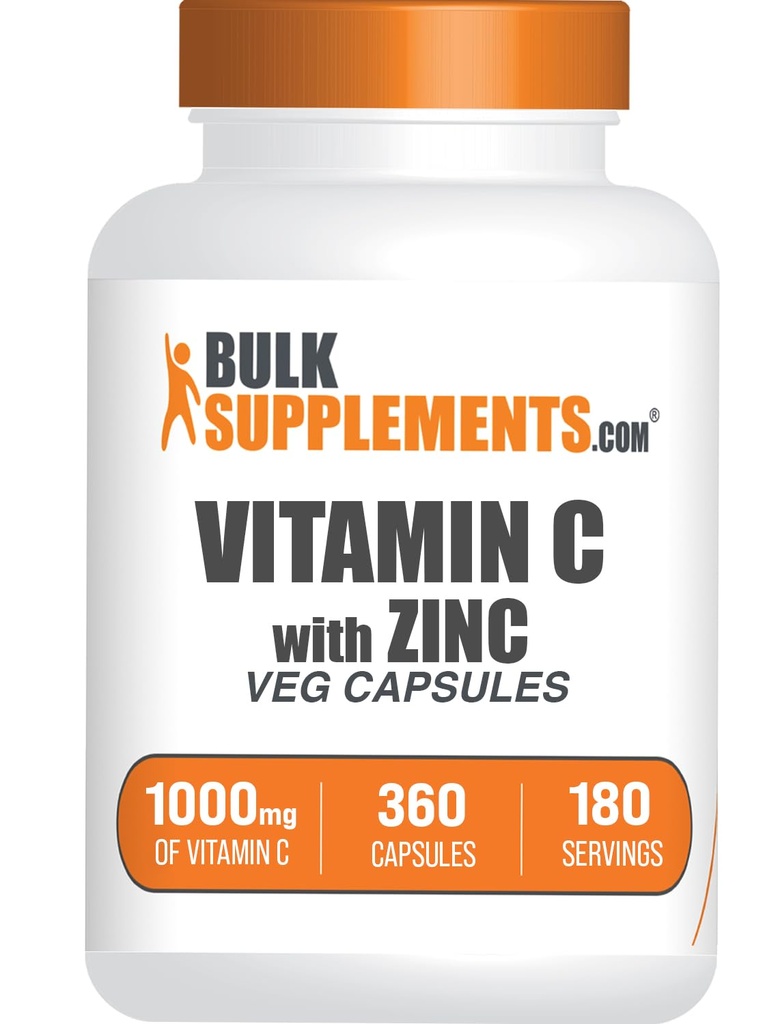 BulkSupplements.com C-vitamiin koos tsinkkapslitega - C-vitamiin 1000mg ja tsink 15mg, immuunsuse toetamiseks - Vegan, 2 kapslit serveerimise kohta, 360 Veg Count (pakk 1)