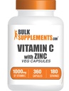 BulkSupplements.com C-vitamiin koos tsinkkapslitega - C-vitamiin 1000mg ja tsink 15mg, immuunsuse toetamiseks - Vegan, 2 kapslit serveerimise kohta, 360 Veg Count (pakk 1)