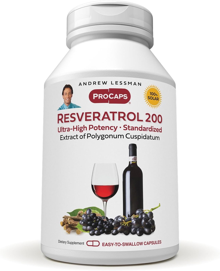 ANDREW LESSMAN Resveratrol-200mg - 30 kapslit - punane vein on kasulik, loomulikult esinev antioksüdant, ilma alkoholita. Söödalisandid tasuta