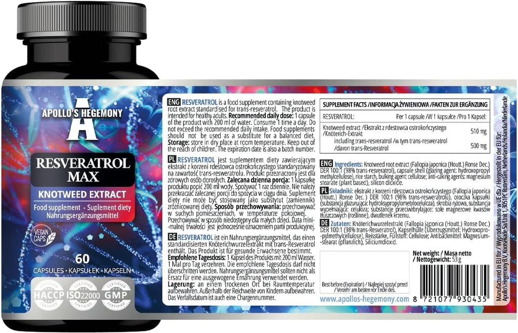 APOLLO HEGEMONY Resveratrool Max - 500 mg kapsli kohta - 60 vegankapslit - kõrge puhtus 98% ekstrakt - toetab vereringe tervist - looduslik antioksüdant - toidulisand