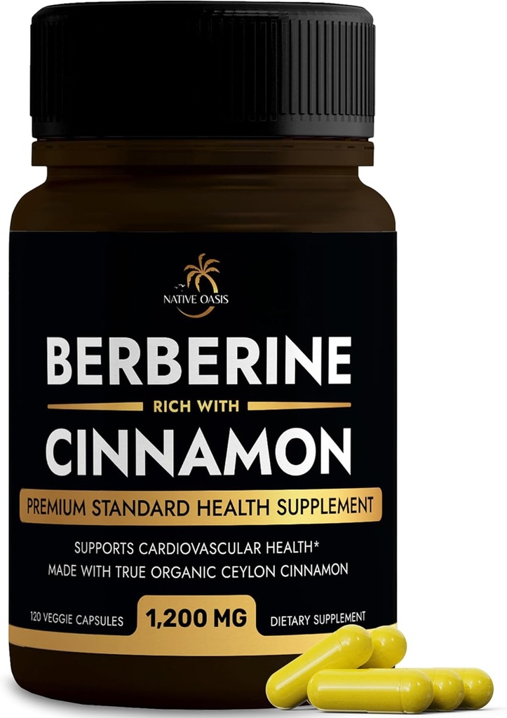 Berberine täiendada Ceylon Cinnamon | Berberine HCL 1200mg Plus Ceylon Cinnamon Sri Lanka südame tervise, kaalulangus ja immuunsuse toetamine | Mitte-GMO, Lab testitud, null täiteaineid | 120ct.
