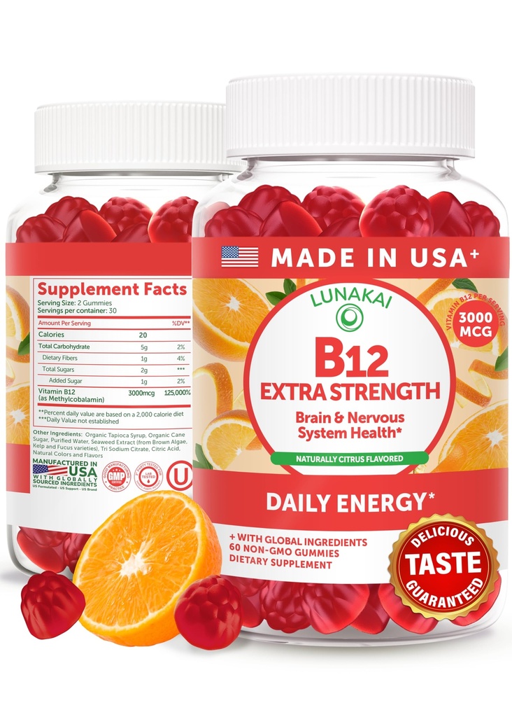 Lunakai Extra Tugevus 3000mcg Vitamiin B12 Gummies - USA valmistatud, maitsev Daily Energy & Metabolism Support - Vegan B12 Methylcobalmin Supplement 60ct