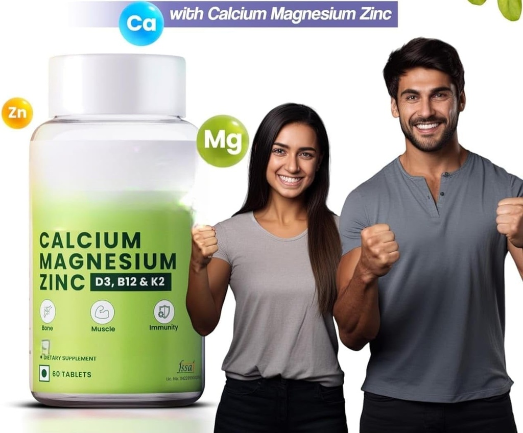 Kaltsium, magneesium, tsink vitamiiniga D3 & B12, 1000mg I 60 Veg tabletid|Toetage tugevaid liigeseid Tervis | nii meestele kui naistele, 1 loend, 60 kapslit