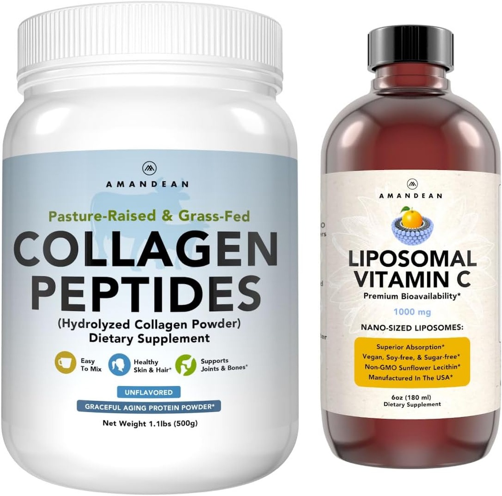 AMANDEAN Premium Liposomal Vitamin C & Bovine Collagen Peptides Bundle. Powerful Antioxidant. Liquid Quali-C. Grass-Fed Collagen. Hydrolyzed Type 1 & 3. Immune Support. Healthy Skin, Hair & Nails