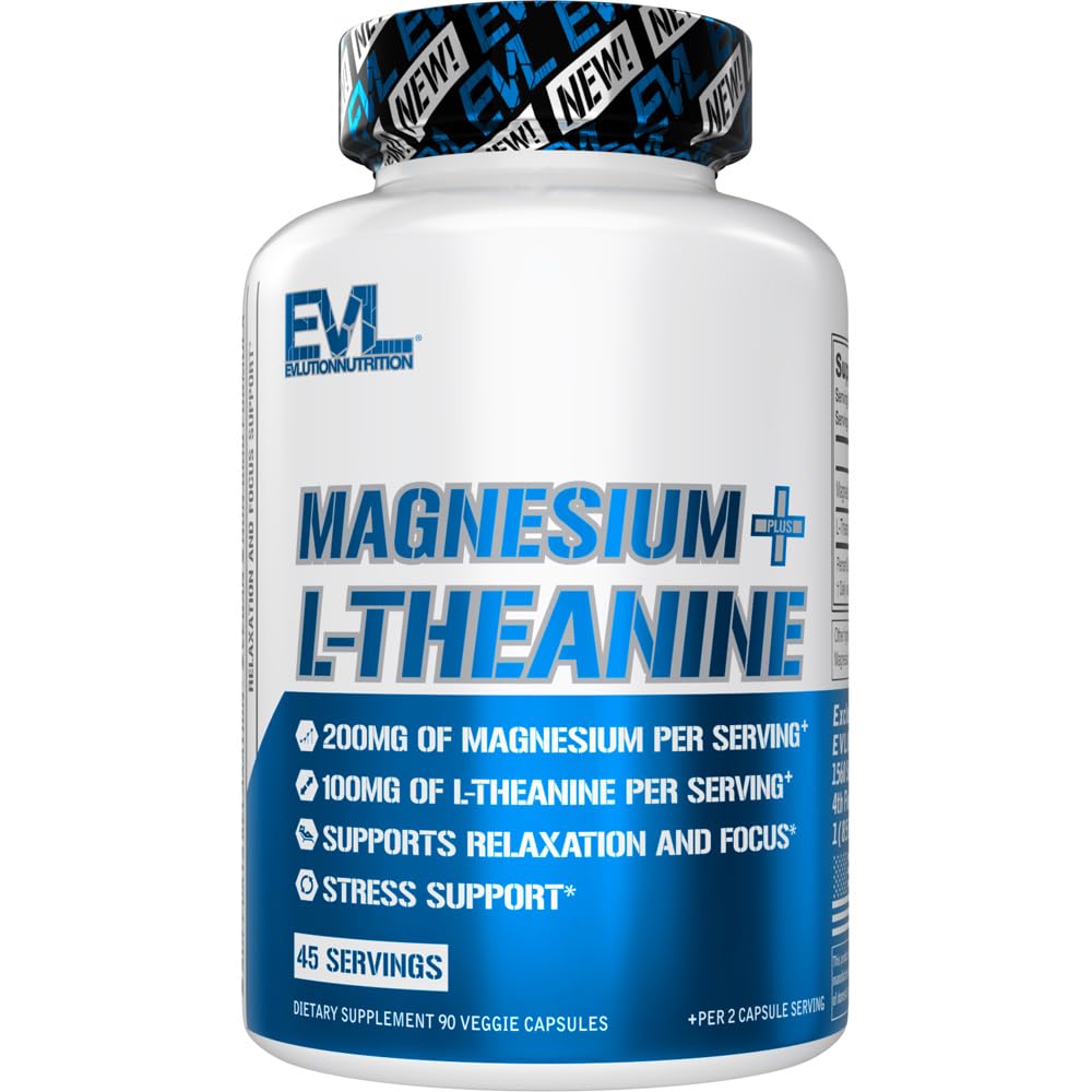 Evlution Nutrition Magneesium + L-Theanine - Natural Lõõgastav & Focus Support - 200mg Magneesium + 100mg L-Theanine - Vegan & Non-GMO - Toidulisand - 45 Servings - 90 Veggie kapslit