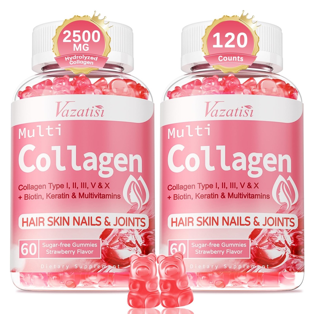 2 Pakend suhkruvabad kollageenikummid naistele ja meestele | Hüdrolüüsitud kollageenpeptiidid juuste nahale ja küüntele | Multikollageen I tüüpi valk II III V X biotiini ja C-vitamiiniga | Maasikamaitse, 120 krahv