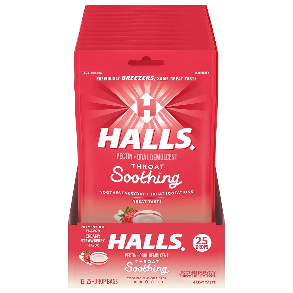HALLS Throat rahustav (varem HALLS Breezers) Creamy maasika kurgutilgad, 12 kotti 25 tilka (300 kokku tilka)