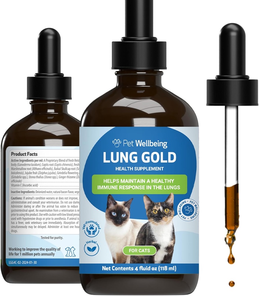 Lemmikloomade heaolu Kopsu kuld kassidele - Kopsu immuuntoetus, Alam-Respiratoorne Tervis, Open Airways, Normaalne hingamine, Reishi, Coptis - Veterinaar-Formuleeritud Taimne Täiendus - 4 oz (118 ml)