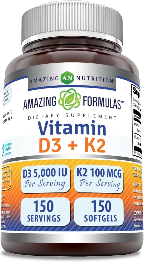 Amazing valemid Vitamiin D3 5000 RÜ vitamiin K2 100 Mcg | D3 + K2 komplekslisandi | Softgels | Non-GMO | Gluteenivaba | Valmistatud USAs (1 Pack, 150 Count)