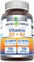 Amazing valemid Vitamiin D3 5000 RÜ vitamiin K2 100 Mcg | D3 + K2 komplekslisandi | Softgels | Non-GMO | Gluteenivaba | Valmistatud USAs (1 Pack, 150 Count)