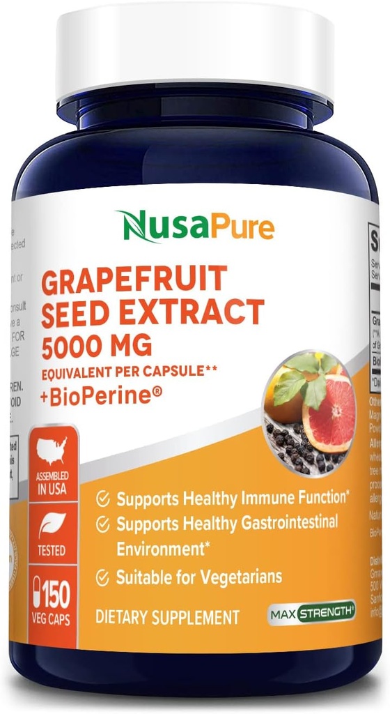 NusaPure Greipfruit Extract 5000 mg kapsli kohta (ekstrakt 10: 1) Bioperine 150 Veggie korgid (Vegan, Gluteenivaba, Non-GMO)