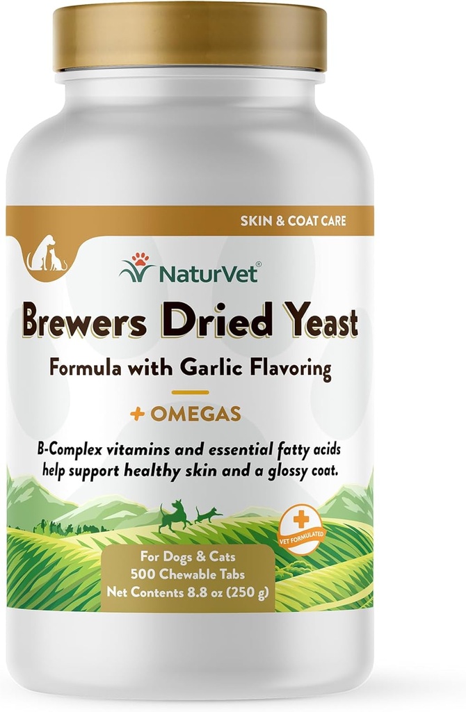 NaturVet Breweri kuivatatud pärmi lemmiklooma toidulisand küüslaugu maitsega - sisaldab B-kompleksseid vitamiine, Omega-3, 6 ja 9 rasvhappeid - aitab toetada läikivat karva, tervislikku nahka koertele, kassid 500 Ct.