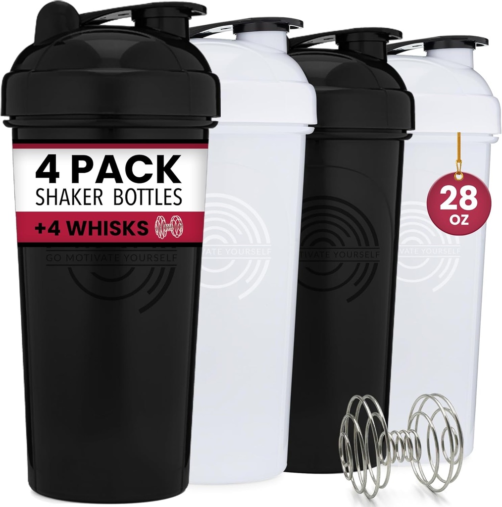 GOMOYO 4-Pack - 28 Ounce Protein Shaker Bottle for Mixs, 4xWire Whisk, Leak Proof Bulk Supplement Mixs ja Pre-Workout Shaker Cups, nõudepesumasina ohutu & BPA tasuta, must ja valge