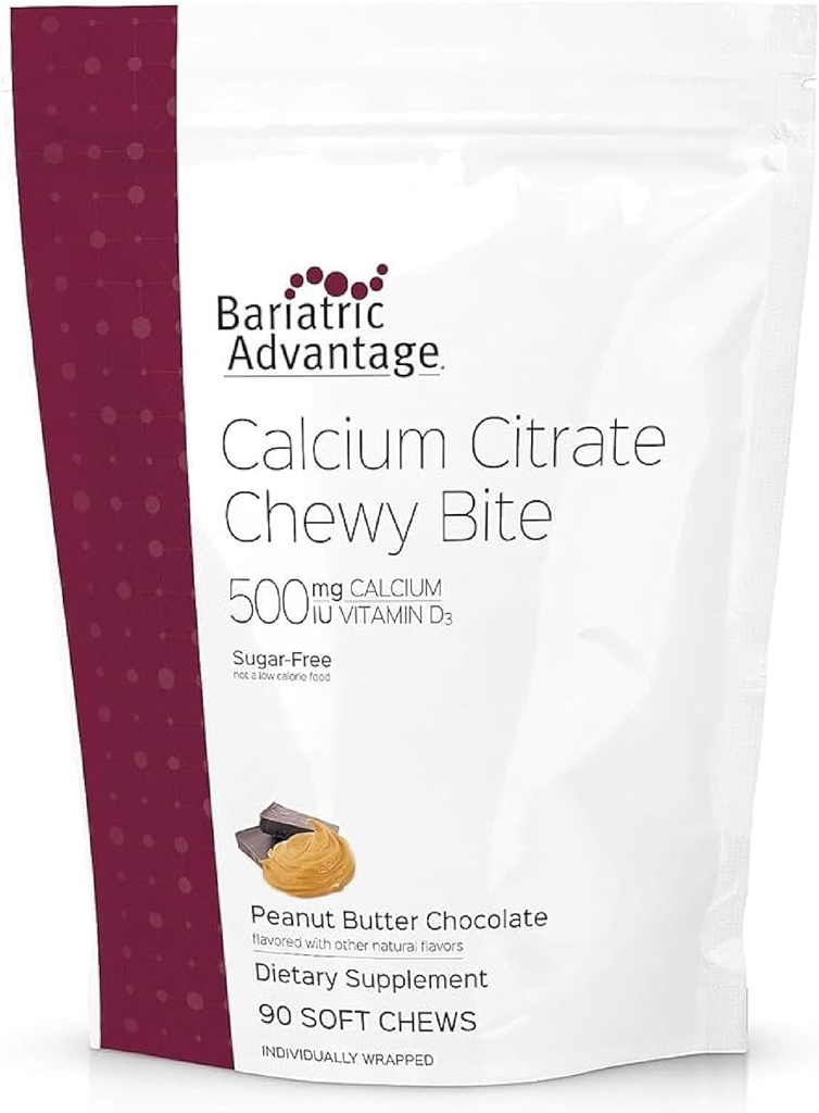Bariaatriline eelis Kaltsiumtsitraat Chewy Bites 500 mg - väga imenduv & seeditav - D3-vitamiin - kergesti näritav kaltsiumilisand - maapähklivõi šokolaad - 90 loend