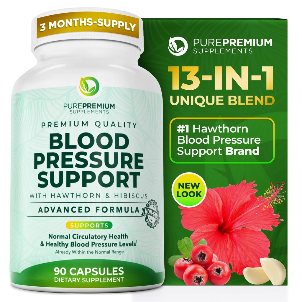 PurePremium Vererõhu täiendused Hawthorn Berry, Hibiscus, küüslauk ja vitamiin B12 - lämmastikoksiidi lisa normaalse südame tervise, vereringe tervise ja vererõhu toetamiseks - 90 ct