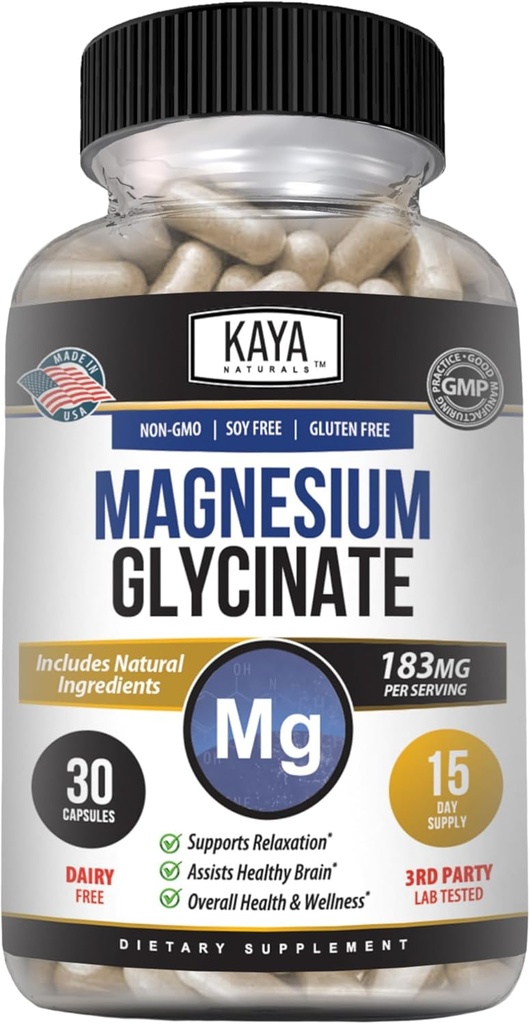 Kaya Naturals Magneesium Glütsinaat 183mg kapsli kohta, kelaaditud maksimaalse imendumise, mitte-GMO, NO gluteeni piima ja soja, toetab lihaste ja südame tervist 30 Count