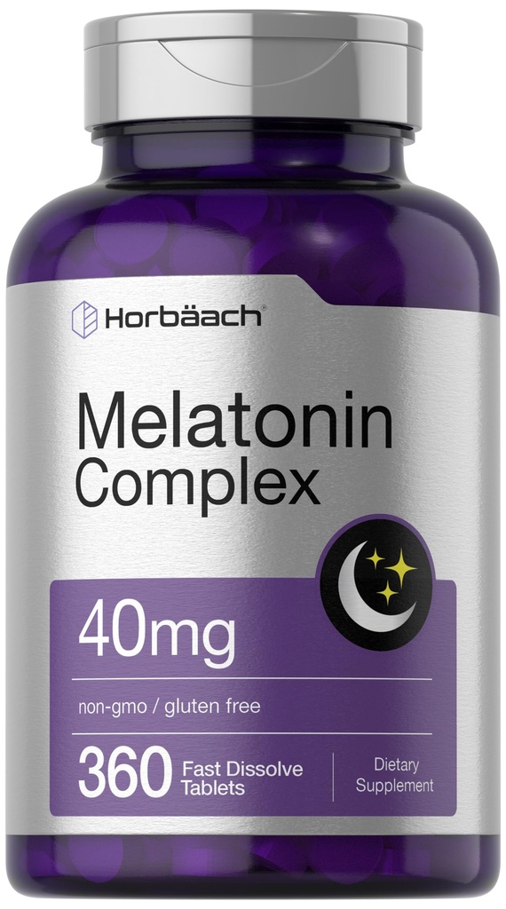 Horbäach Melatoniin 40 mg kompleks | 360 Kiiresti lahustuvad tabletid | Täiskasvanute ekstra tugevuse täiendus | koos kummeli ja ashwagandhaga | taimetoitlane, mitte-GMO, gluteenivaba