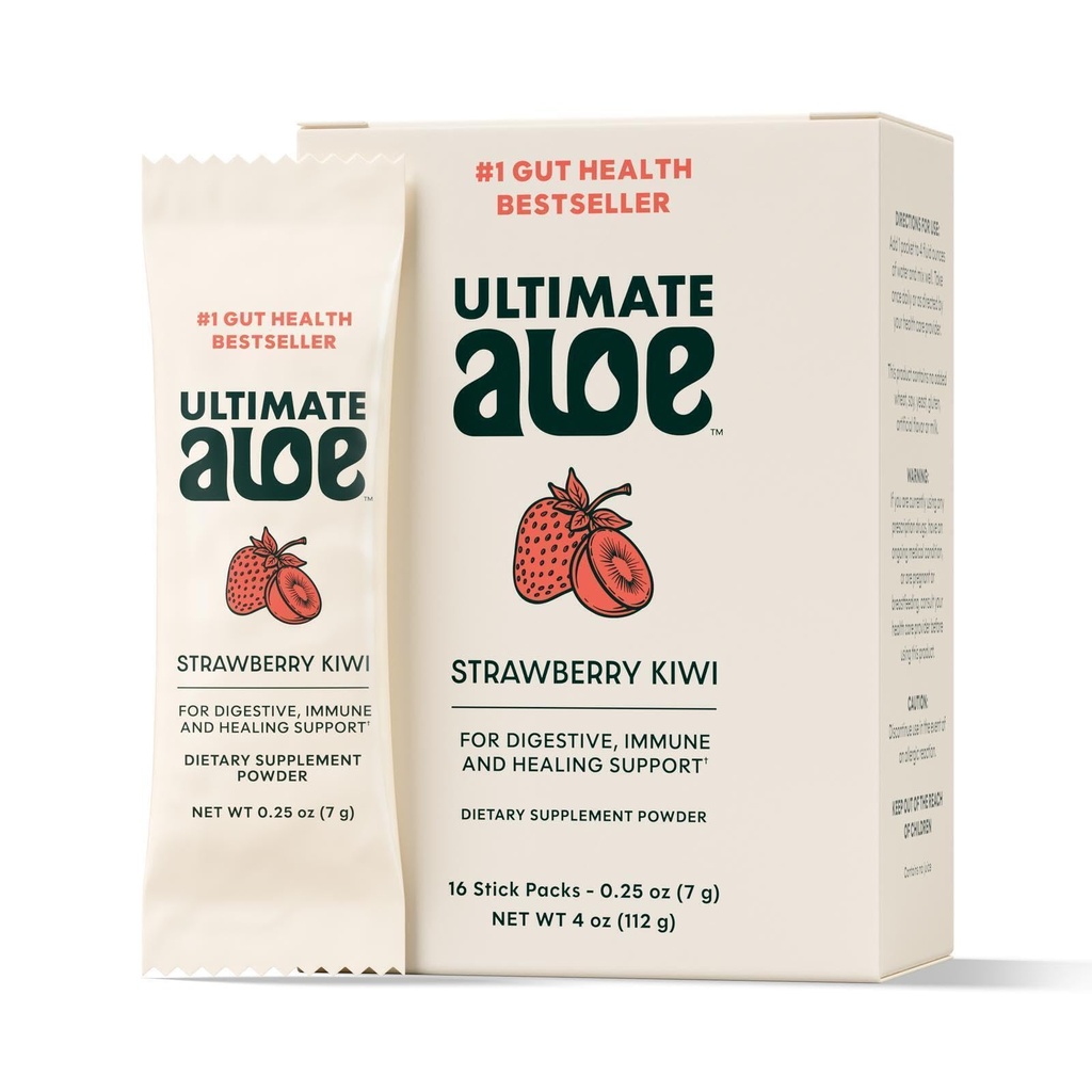 Ultimate Aloe Powder - Maasikas Kiivi Maitse, Toetab Seedetrakti Tervist, Immuunsüsteemi Ja Normaalset Tervendamist, Aloe Mugavates Pulberpakendites, 16 Pakendit, Gluteenivaba, Vegan, Mitte-GMO