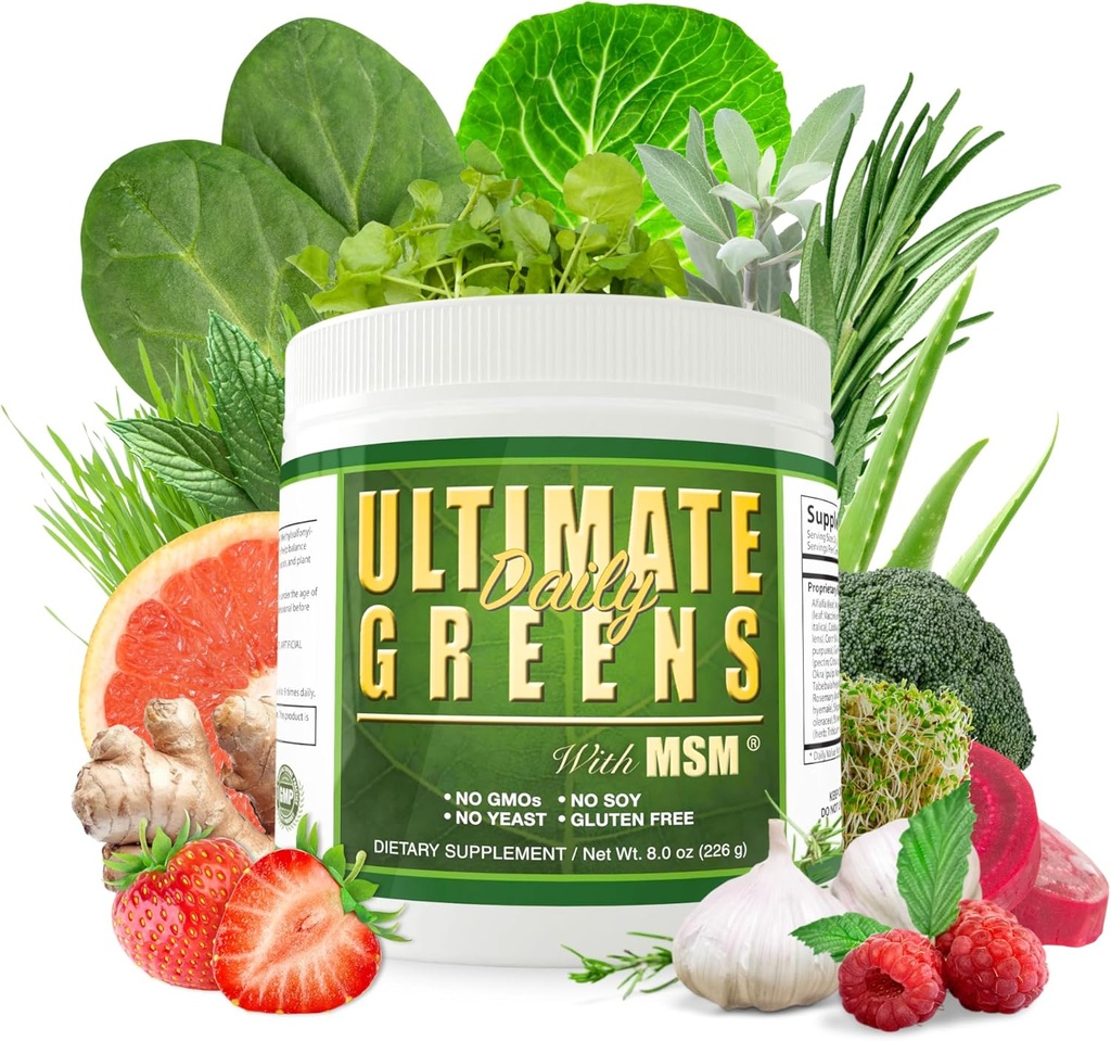 Igapäevane tervis, Ultimate Greens koos MSM pulbriga, Vegan Sõbralikud looduslikud koostisosad Gluteen Sojavaba NO GMO Superfood Taimne Toitumisjook Alkalizing Energy 8oz 1 Pack (1 kuu pakkumine)