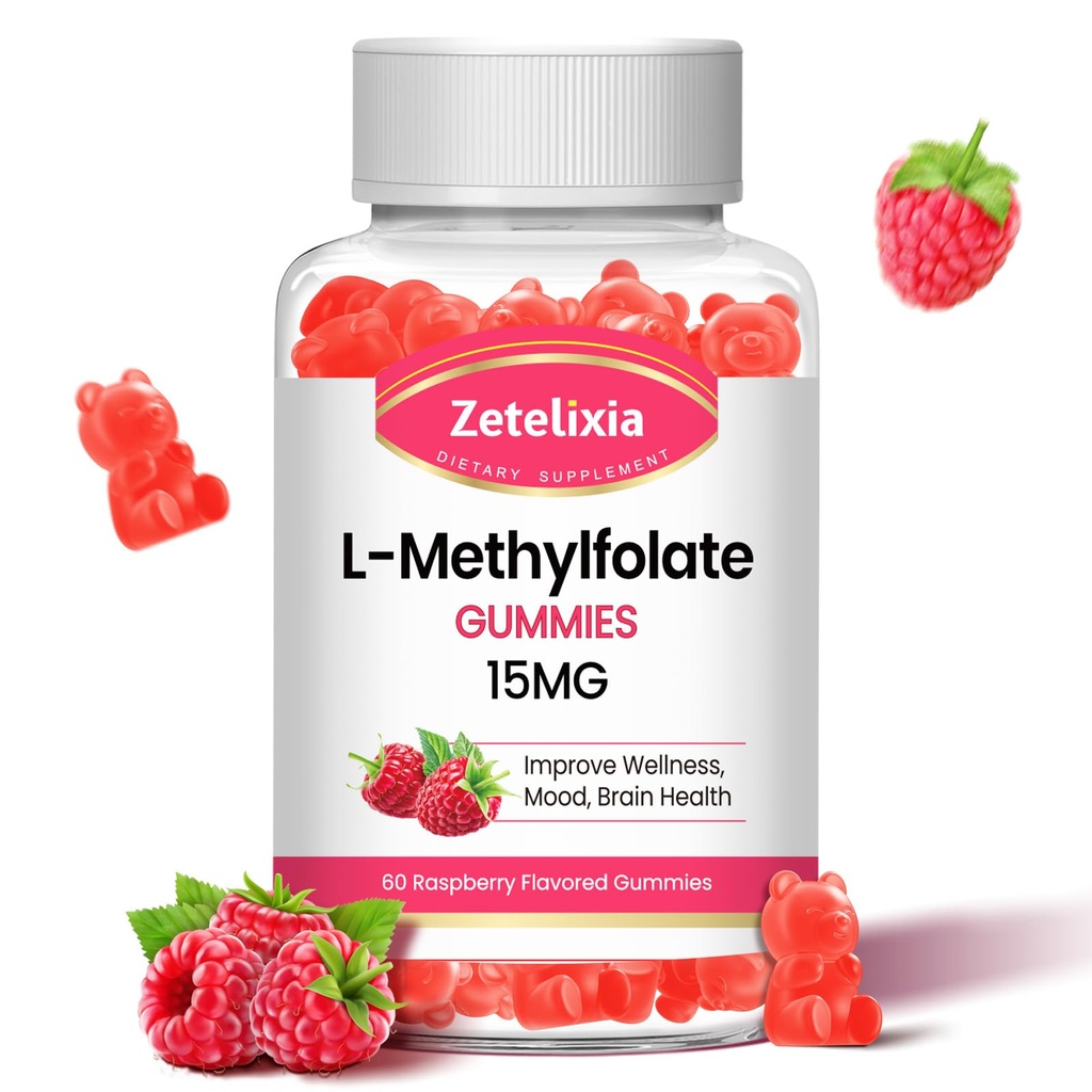L-metüülfolaat 15mg ja Metüül B12 Gummies, folaadilisand aju tervisele, meeleolule ja immuunsusele, DNA süntees ja parandamine, suhkruvaba, vegan, Vaarikamaitse, 60 krahv