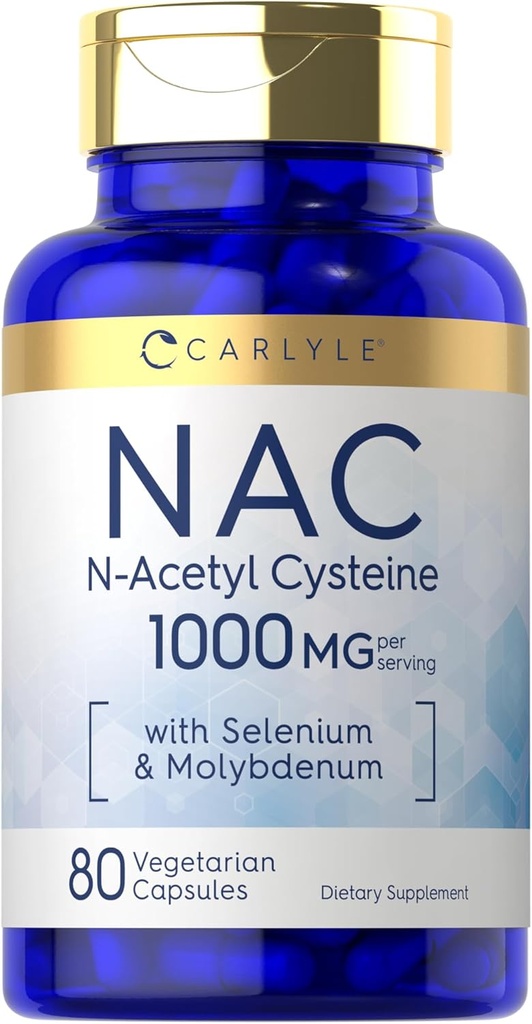 Carlyle NAC Supplement N- Atsetüül Cysteine 1000mg | 80 Kapslid | Seleen & Molübdeen | Taimetoitlane, mitte-GMO & Gluteenivaba