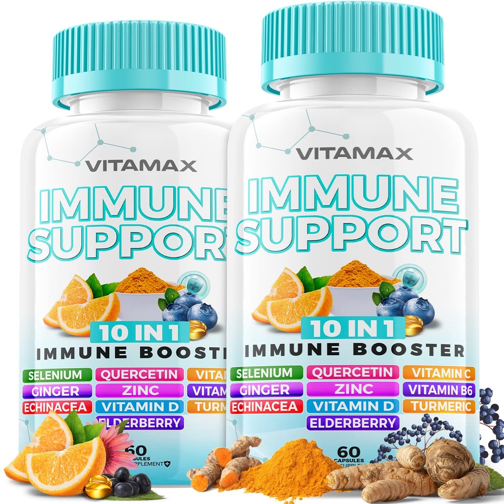10-in-1 immuuntugi leedrimarjaga, D3, Selenium, Quercetin, tsink, C-vitamiin, ingver, kurkumiin, B6, Echinacea - immuunkaitse - valmistatud USA-s (60 loend (2. pakk))