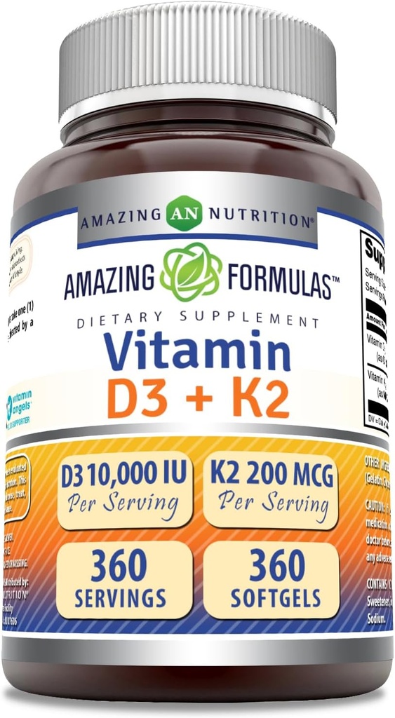 Amazing valemid Vitamiin D3 10000 RÜ vitamiin K2 200 Mcg | D3 + K2 komplekslisandi | Mitte-GMO | Gluteenivaba | Valmistatud USAs (1 Pack, 360 Count)