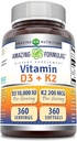 Amazing valemid Vitamiin D3 10000 RÜ vitamiin K2 200 Mcg | D3 + K2 komplekslisandi | Mitte-GMO | Gluteenivaba | Valmistatud USAs (1 Pack, 360 Count)
