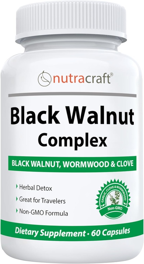 Nutracraft Black Walnut Detox Cleanse Supplement | Black Walnut, Wormwood, Clove, PAU D'Arco, Pumpkin Seed, Garlic, Zinc | Intestinal Guard for Humans | 60 Capsules