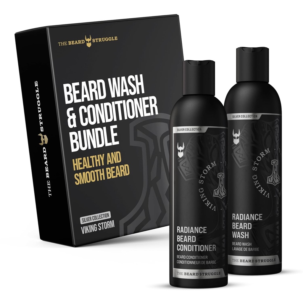 Habemevõitlus - Radiance Beard Wash & Conditioner Bundle - Silver Collection - Pack of 2, Viking Storm - toitev, puhastav, pehmendab ja tugevdab habe - Beard Wash ja konditsioneer meestele