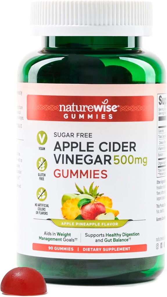 NatureWise Apple'i siidri äädika ACV Gummies - 1000mg ACV kohta 2, suhkruvaba, vegan - energia ja soolestiku tervis - ACV Gummies W / vitamiin B12-90 Gummies[1,5-kuuline pakkumine 1000mg / 3-kuuline pakkumine 500mg-le]