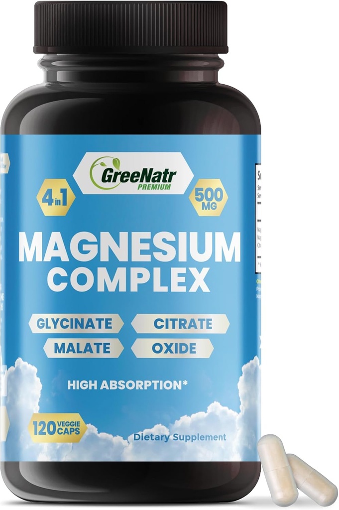 GreeNatr Magneesium Complex Supplement - Magneesium toidulisandeid glütsinaat, tsitraat, malaat ja oksiid - Magneesium tabletid seedimine, uni, südame tervis ja energia - Magneesium Vitamiinid 120 loeb