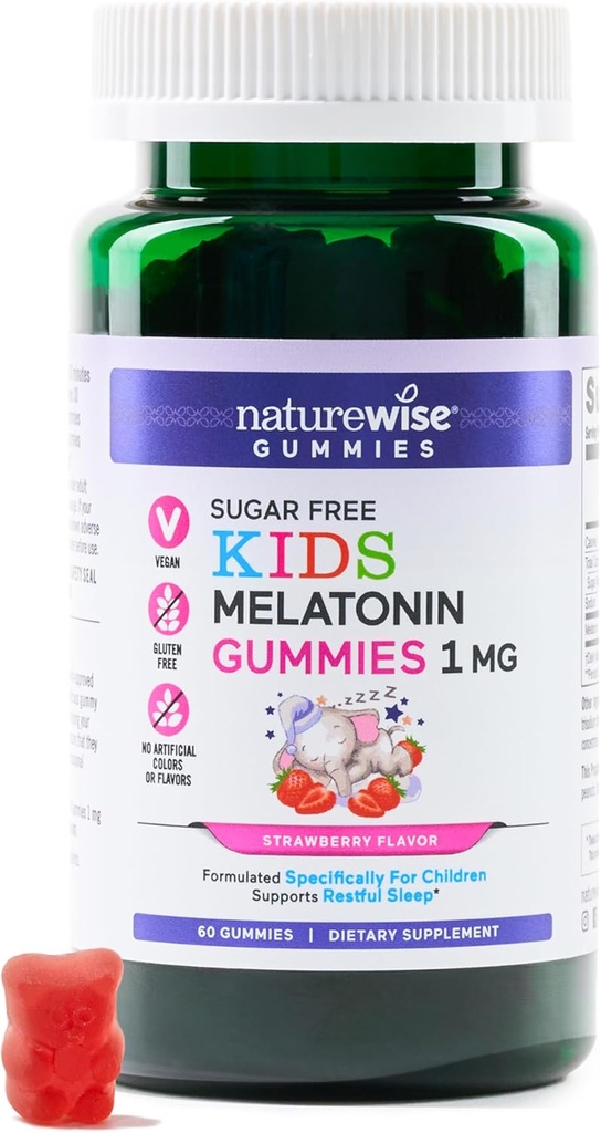 NatureWise Kids Melatoniin 1 mg suhkruvabad kummikud 4-aastastele ja vanematele lastele - harjumusteta moodustav uneabi - maasikamaitseline - vegan, gluteen, mitte-GMO - 60 loend[2-kuu pakkumine]