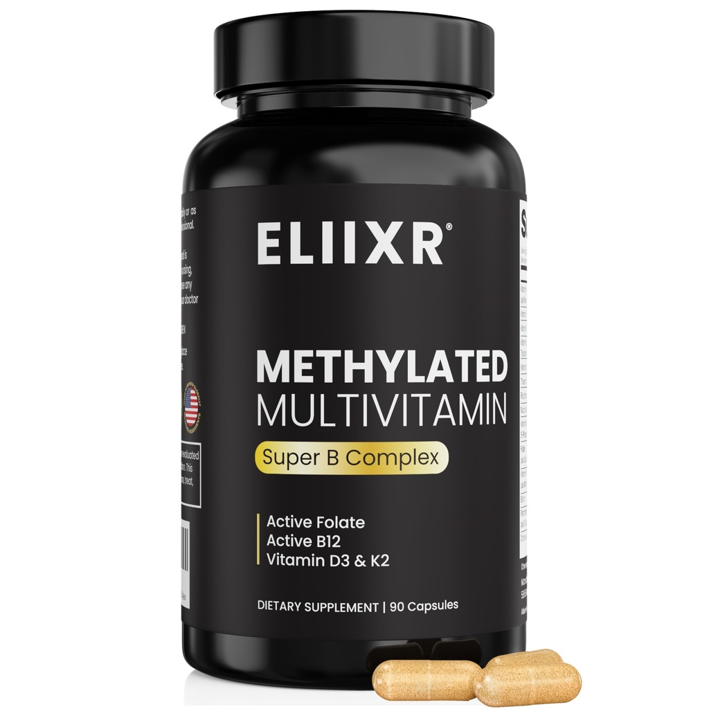 Eliixr Methylated Multivitamin Iron Free – Active B Complex with Methyl B12 & 5-MTHF Folate, CoQ10, Zinc, D3, K2 – Energy, Brain & Metabolism – Daily Vitamin for Men & Women – 90 Capsules
