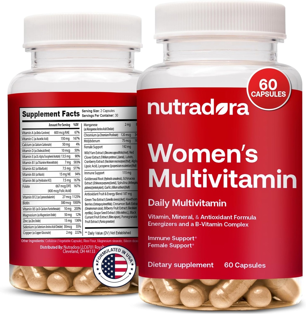 Naiste multivitamiinid - Naiste multivitamiinid ja multimineraalsed toidulisandid energia, meeleolu, juuste, naha ja küünte jaoks - naiste igapäevased multivitamiinid A, B, C, D, E, tsink ja veel naiste vitamiinikapslid