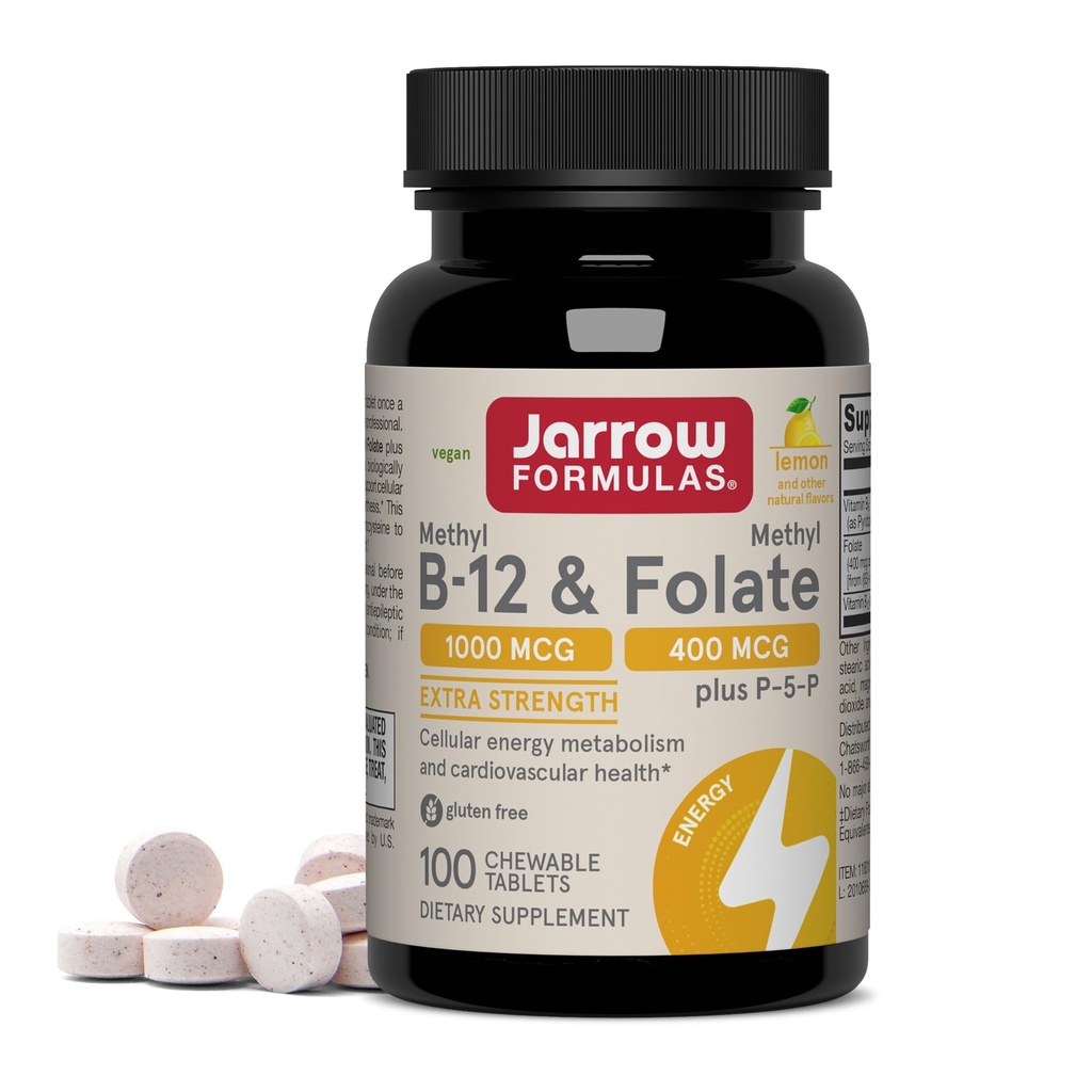 Jarrow valemid Methyl B-12 1000 MCG ja Methyl Folate 400 MCG, ekstra tugevus, Cellular Energy Metabolism ja südame-veresoonkonna tervise valem (1) koos P-5-P, 100 närimistabletti, kuni 100 päeva pakkumise