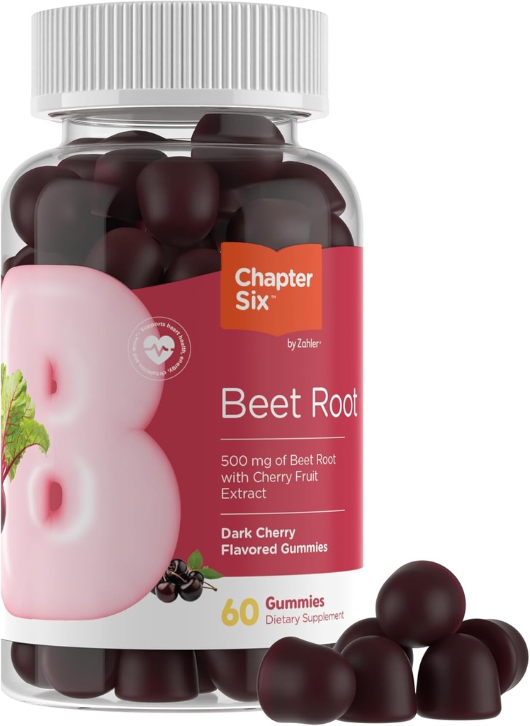 Zahler Beet Root Gummies with Cherry Fruit Extract - 500mg Beet Gummies for Adults - Dark Cherry Flavor - Toetab vere ja lämmastikoksiidi voolu - Taimetoitlane Kosher Non GMO Beetroot Gummies - 60 Count