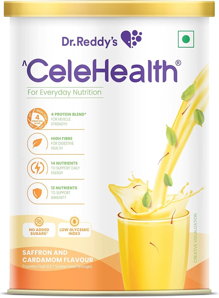 Dr Reddy's Celehealth Nutritional Drink, Protein Supplement for Daily Use, Low Glükeemiline Indeks, Zero Added Sugar, Safran and Cardamon Flavour, 400g,Yellow