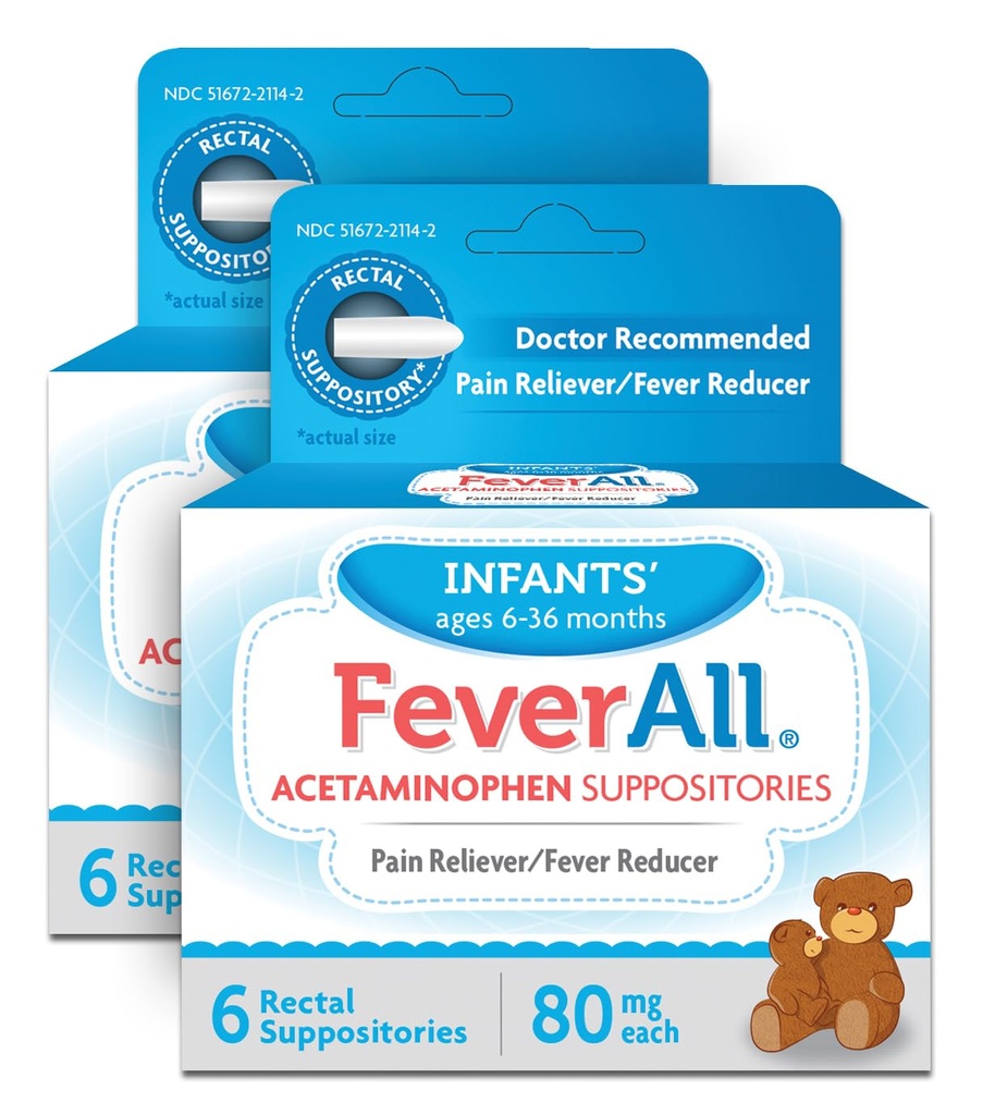Feverall Infant Acetaminophen Suposiidid 6 Rektaalsed küünlad 80mg Iga valu leevendaja / palavik vähendaja Parabeen vaba, ei ole kunstlikke värve või muid säilitusaineid. Vanus 6-36 kuud. Väärtus 3 Pack.