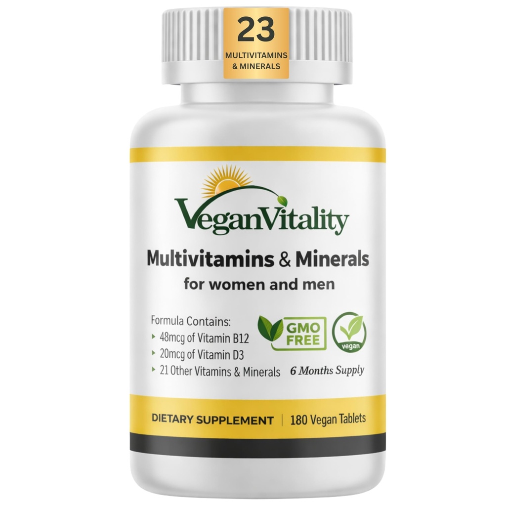 Vegan Vitality Multivitamiinid ja mineraalid naistele ja meestele, kellel on kõrge tugevusega vitamiin B12, D3 ja K2. 180 Vegan Multivitamiini tabletid - 6 kuud pakkumine. Vitamiinid veganitele ja taimetoitlastele