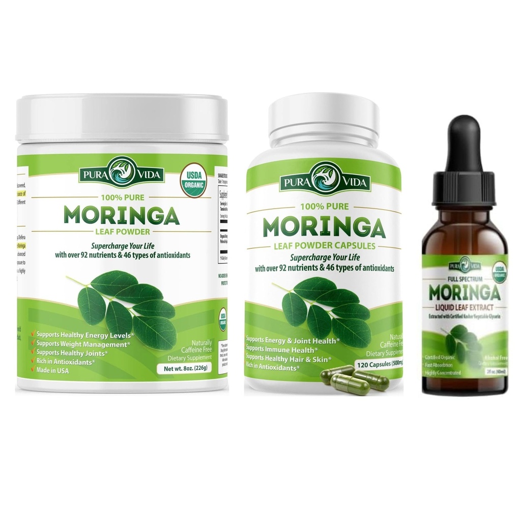 PURA VIDA MORINGA pulber 8 oz kapslid (120 krahv) ja Moringa Leaf ekstrakti tilgad (2fl oz)