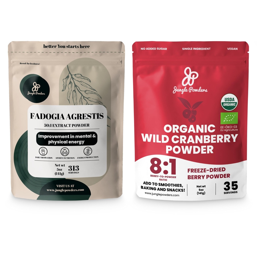 Jungle Powders Ultimate Men's Wellness Duo: 5oz Fadogia Agrestis Extract & 5oz Organic Wild Cranberry Powder - Nigeeria Fadogia Supplement for Drive & Passion, USDA Certified Cranberry Superfood