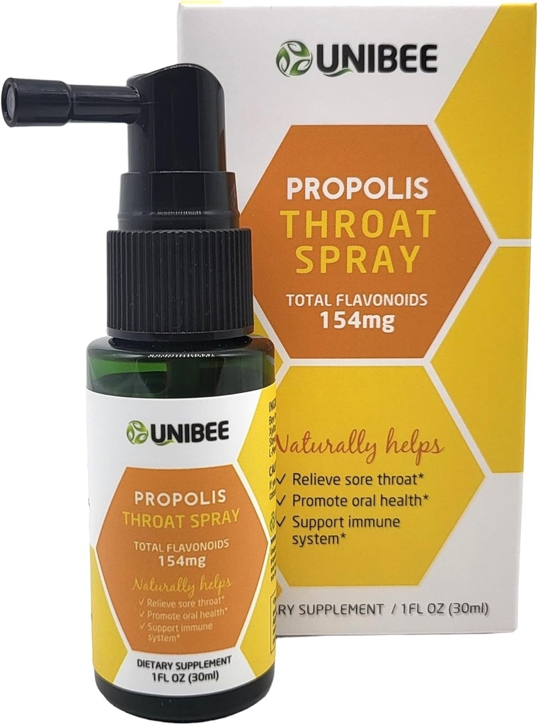 UNIBEE Propolis Throat Spray (Total Flavonoids 154mg) - valulik kurgu leevendamine, suuõõne tervise edendamine, looduslik immuuntoetus, alkoholivaba ja vees lahustuv propolis