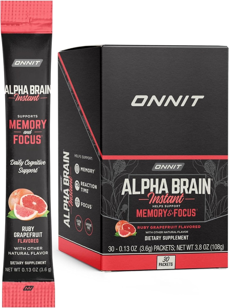 ONNIT Alpha Brain Instant - Ruby Grapefruit Maitse - Nootroopne Aju Booster Mälu Lisand - Ajutugi Keskendumisele, Energiale Ja Selgusele - Alpha GPC Koliin, Kasside Küünis, L-Theanine, Bacopa - 30ct