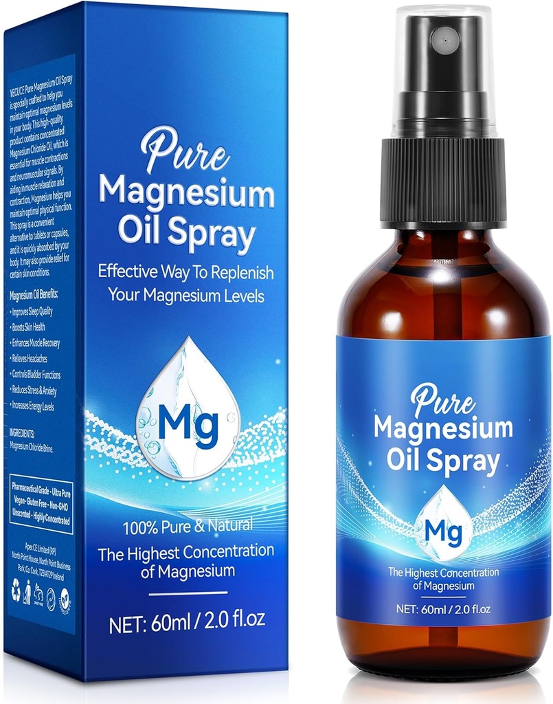 Puhas magneesiumiõli pihusti, orgaaniline magneesiumi pihusti jalgadele, paikne magneesiumi pihusti klaasipudel, Naha toitmine, juuste väljalangemine, Unclog poorid, 2 fl oz